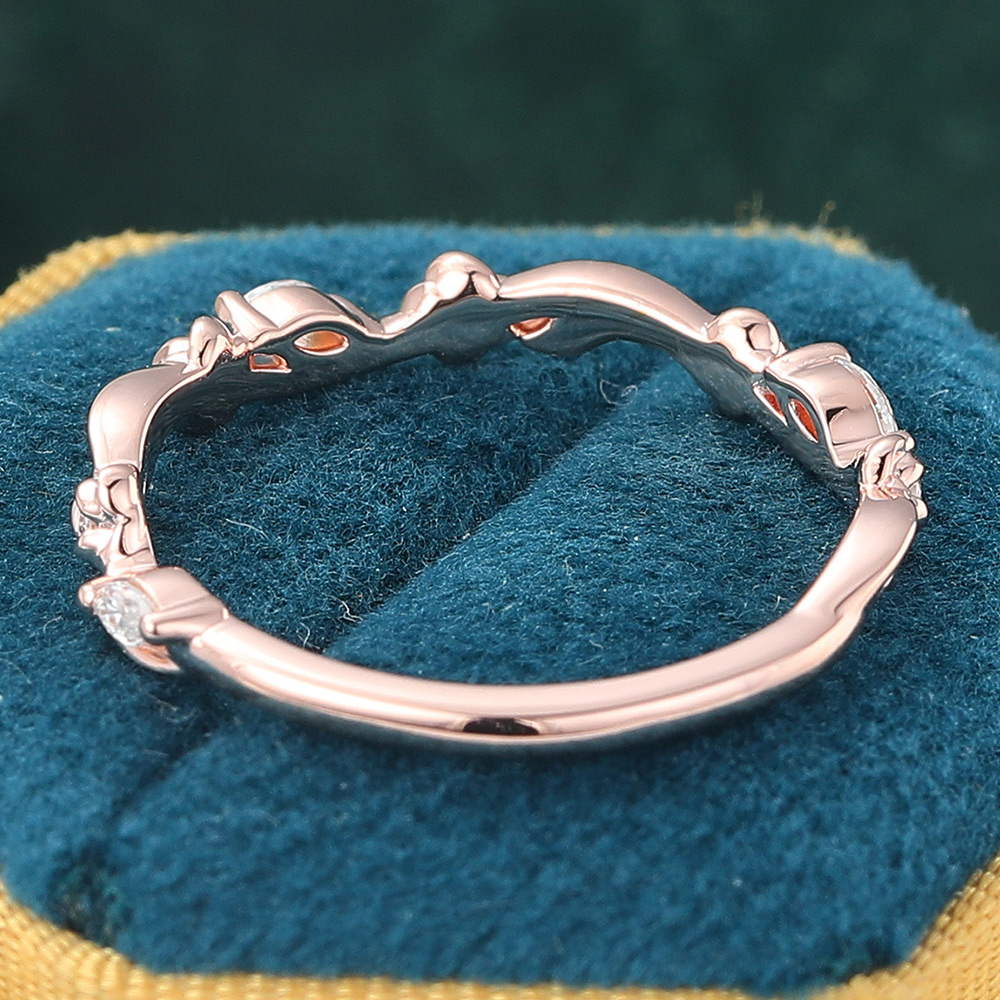 Vine Curved Wedding Band with Floral Moissanite Accents Stacking Ring