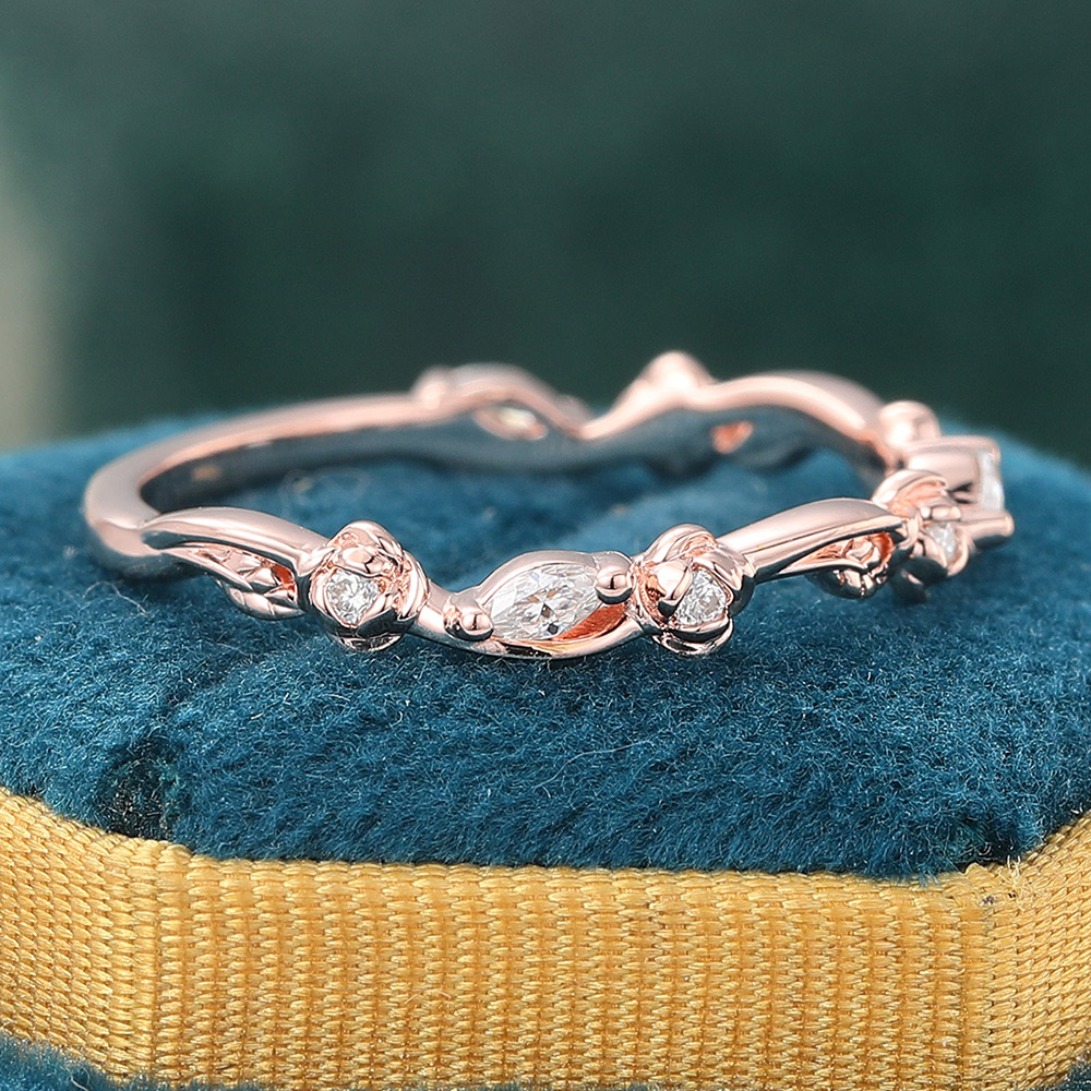 Vine Curved Wedding Band with Floral Moissanite Accents Stacking Ring