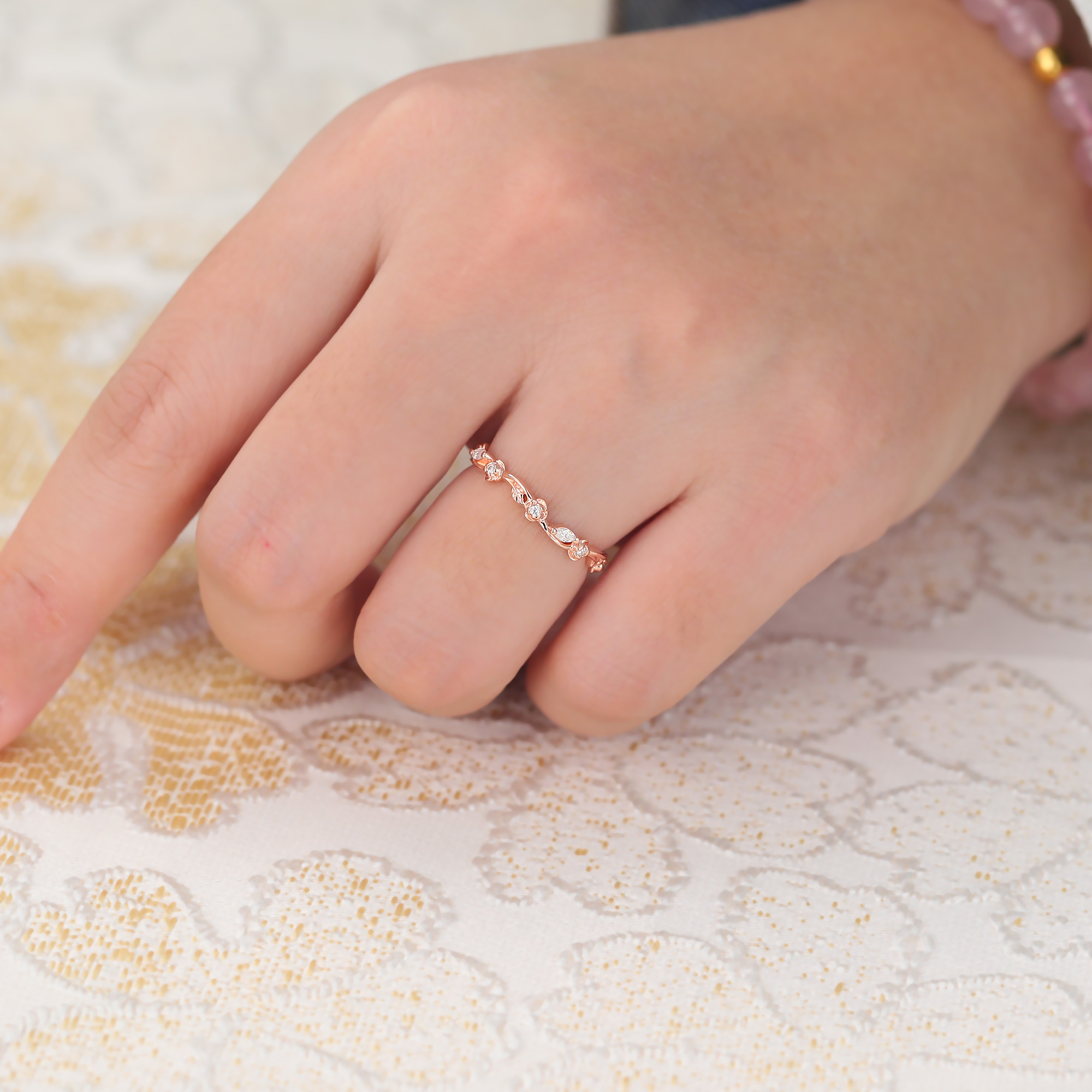 Vine Curved Wedding Band with Floral Moissanite Accents Stacking Ring