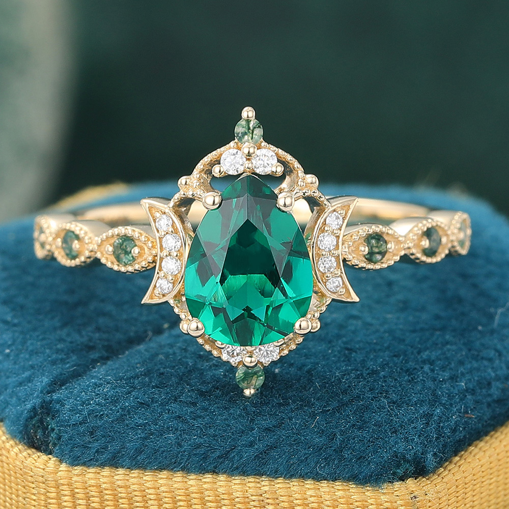 Vintage Beaded Pear Shaped Emerald Engagement Ring with Crescent Moon Accent