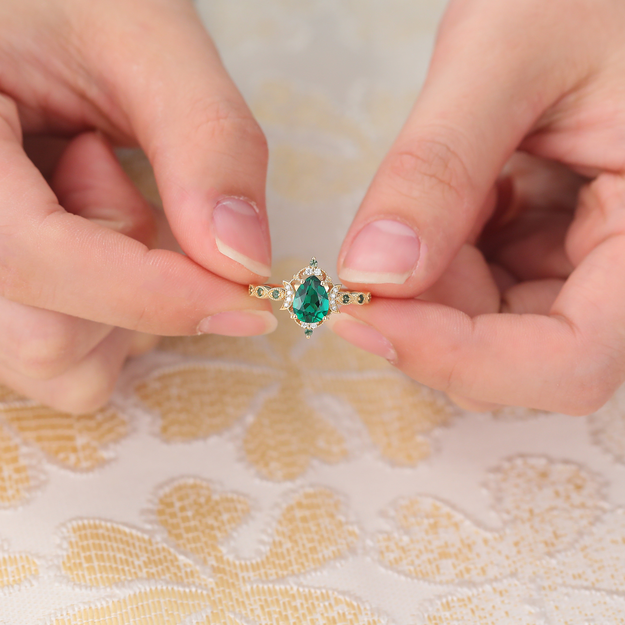 Vintage Beaded Pear Shaped Emerald Engagement Ring with Crescent Moon Accent