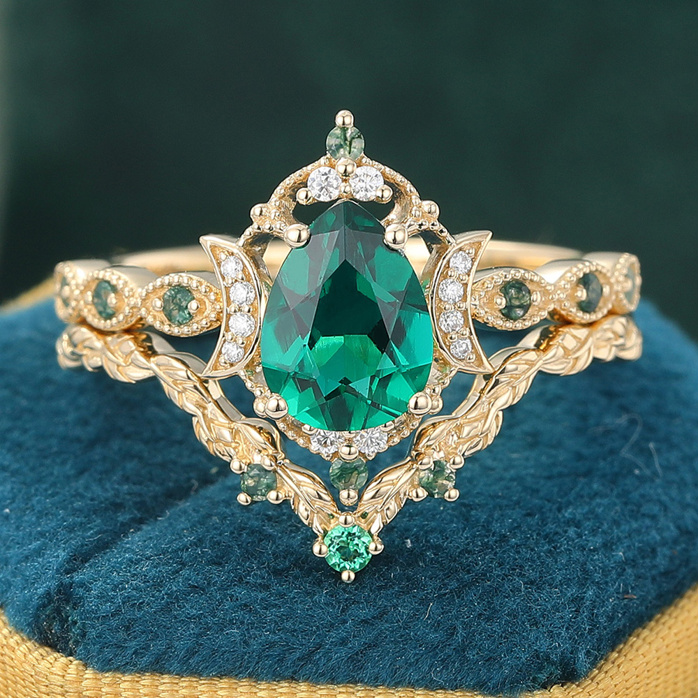 Vintage Beaded Pear Shaped Emerald Wedding Ring Set - 2PCS Bridal Ring Set