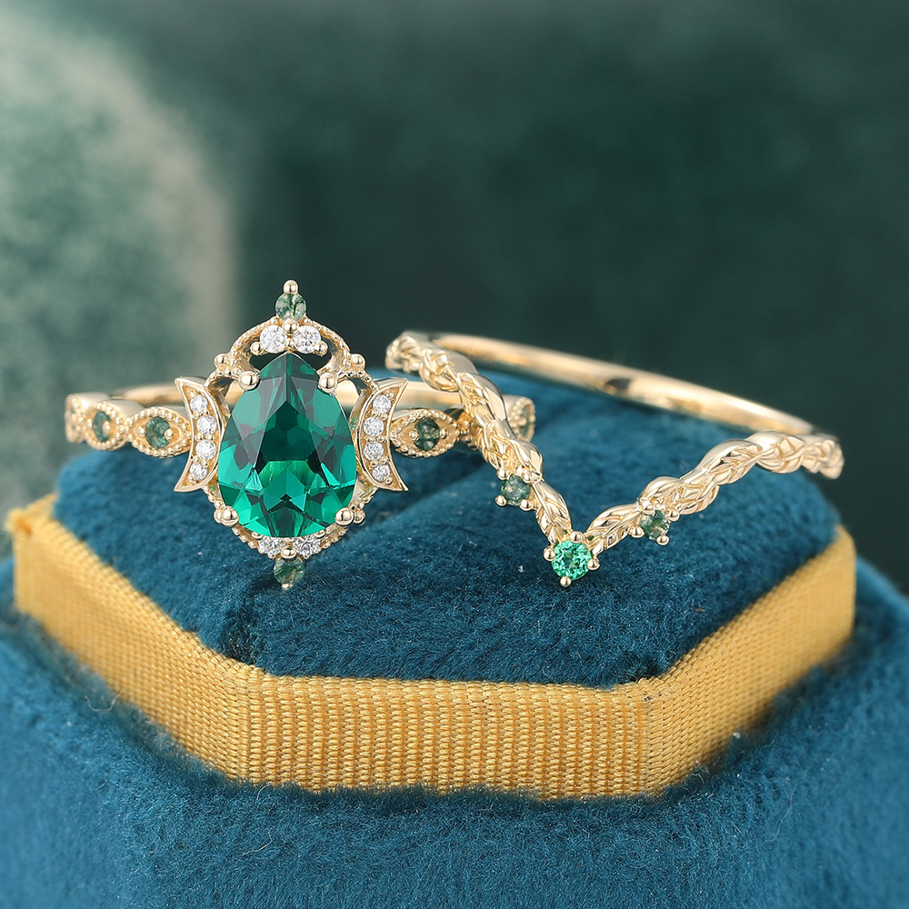 Vintage Beaded Pear Shaped Emerald Wedding Ring Set - 2PCS Bridal Ring Set