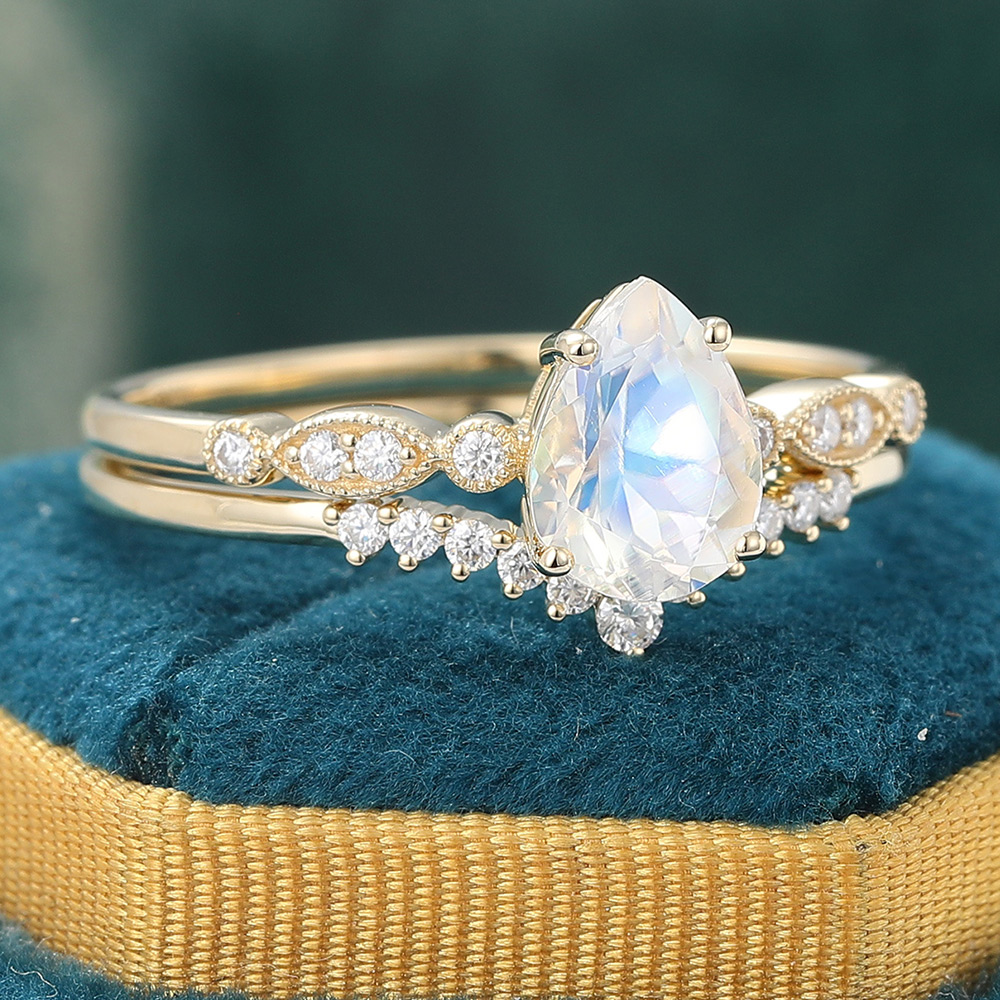 Vintage Pear Shaped Moonstone Engagement Ring Set - 2pcs Bridal Ring Set