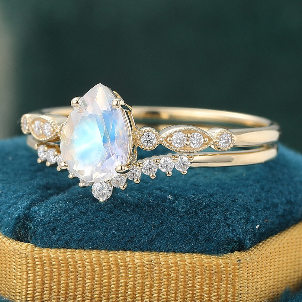 Vintage Pear Shaped Moonstone Engagement Ring Set - 2pcs Bridal Ring Set