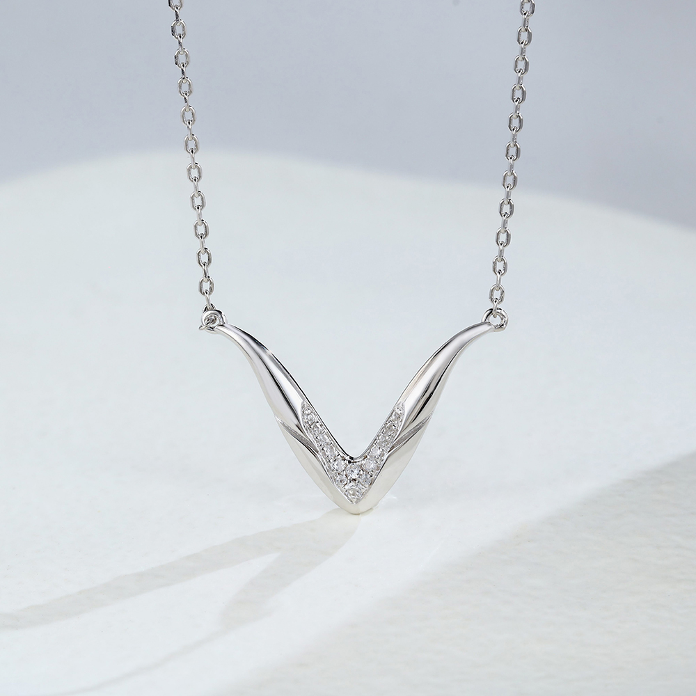 White Gold White Sapphire V-Shaped Pendant Necklace
