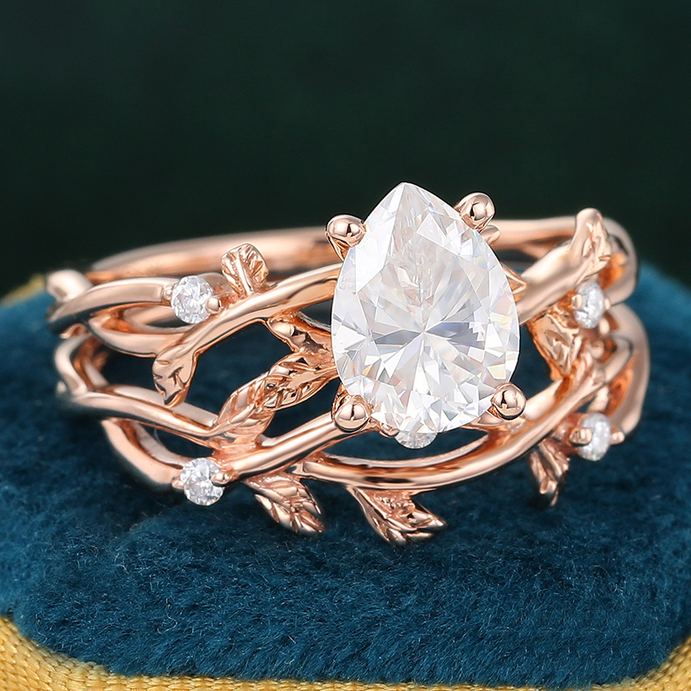 Juyoyo 14K Rose Gold Pear Shaped Moissanite Bridal Ring Set Nature Inspired Ring Set - 2pcs