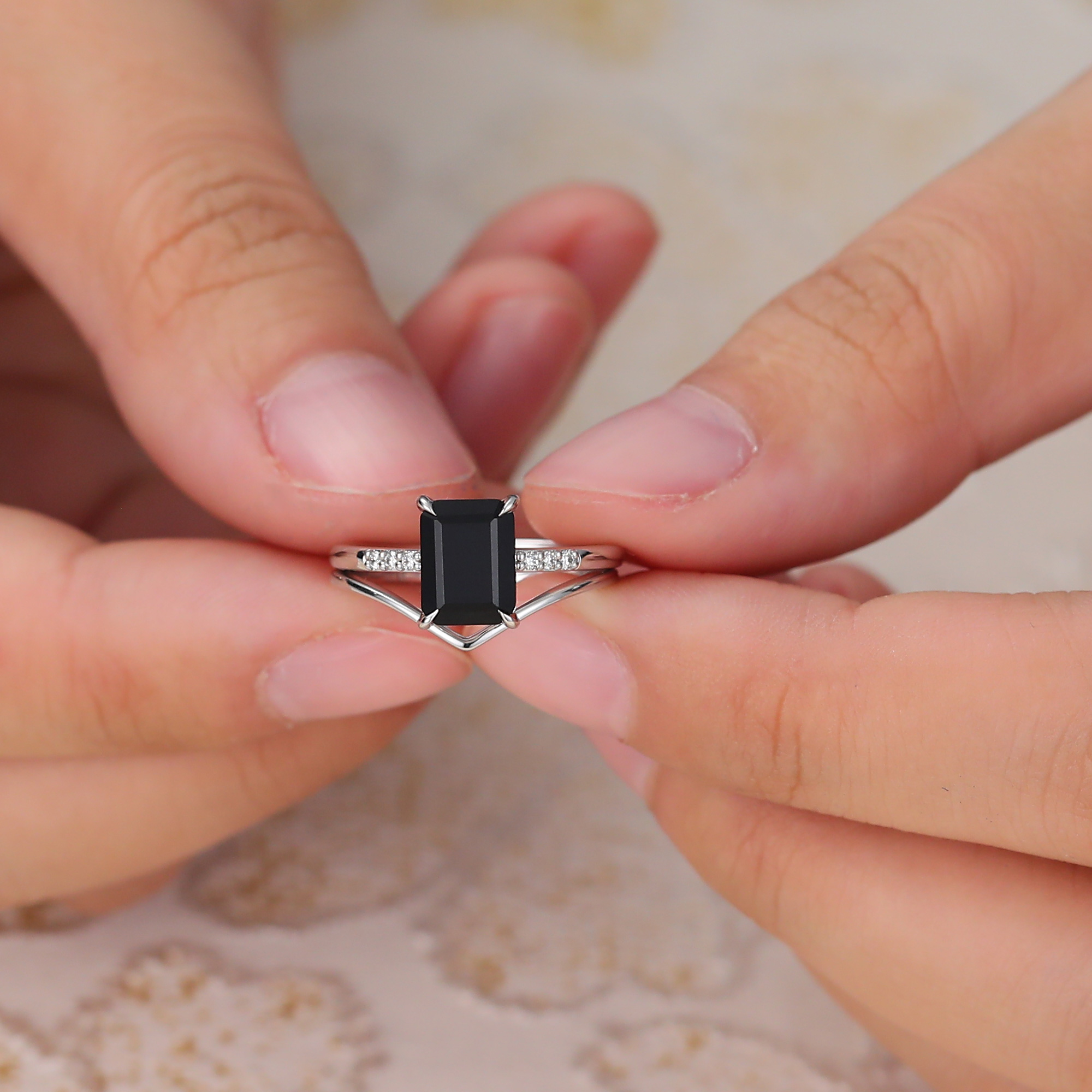 Minimalist Emerald Cut Black Onyx Engagement Ring with Solid Gold Curved Wedding Band in White Gold - 2 Piece