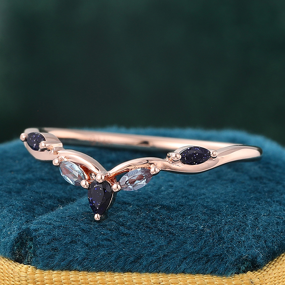 Juyoyo Unique Alexandrite & Blue Sandstone Curved Wedding Band Vintage Stackable Ring 14K Rose Gold