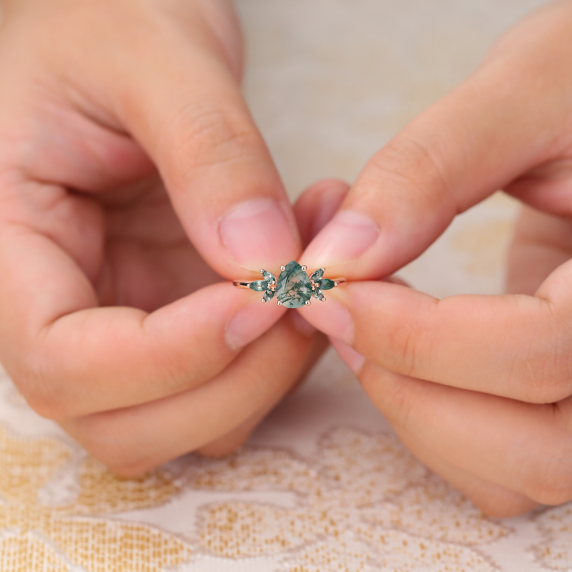 Natural Inspired Pear Moss Agate Engagement Ring with Marquise Moss Agate Accents