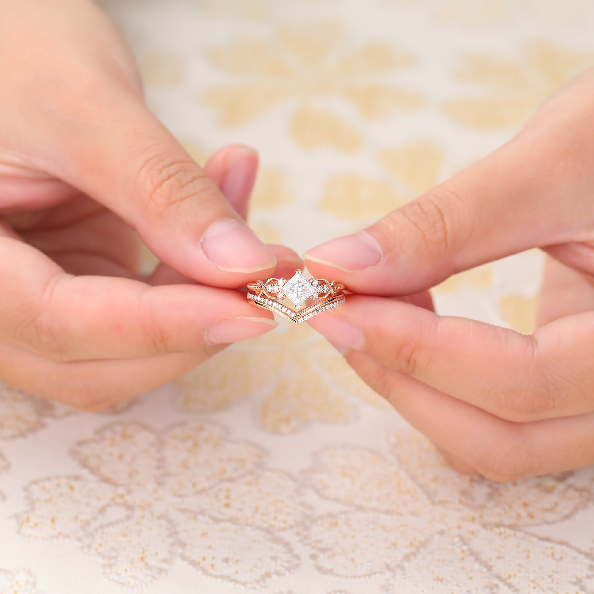 Juyoyo Princess Cut Moissanite Ring Set with Stackable Curved Matching Wedding Band Bridal Set