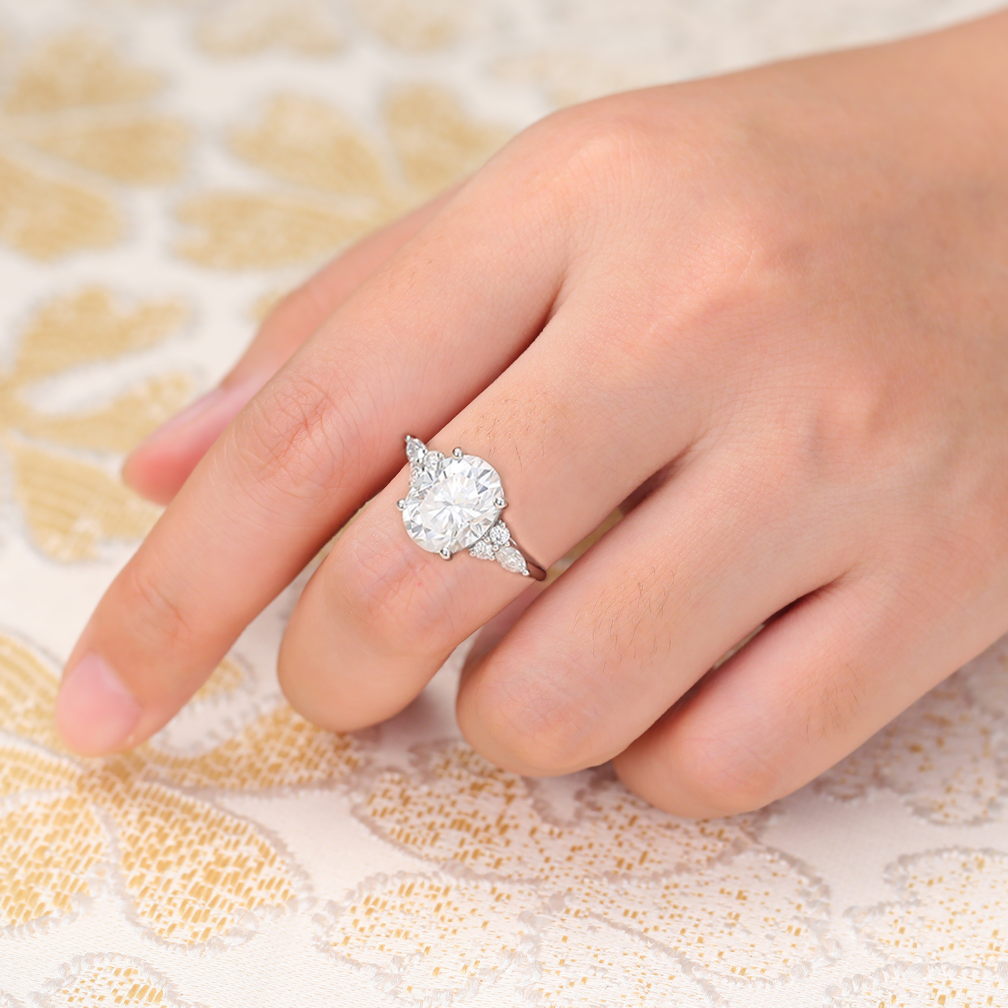 Juyoyo Oval Moissanite Engagement Ring Vintage Cluster Promise Wedding Ring in 14K White Gold