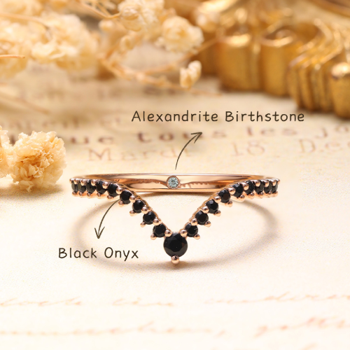 Round Cut Black Onyx Ring Curved Wedding Band Stackable Ring Rose Gold