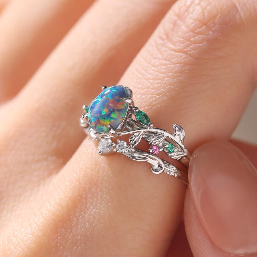 Natural Inspired Pear Moss Agate Engagement Ring with Marquise Moss Agate Accents