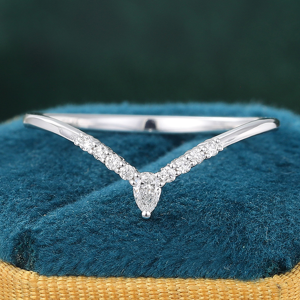Juyoyo Moissanite Curved Wedding Band Vintage Pave Stackable Ring in 14K White Gold