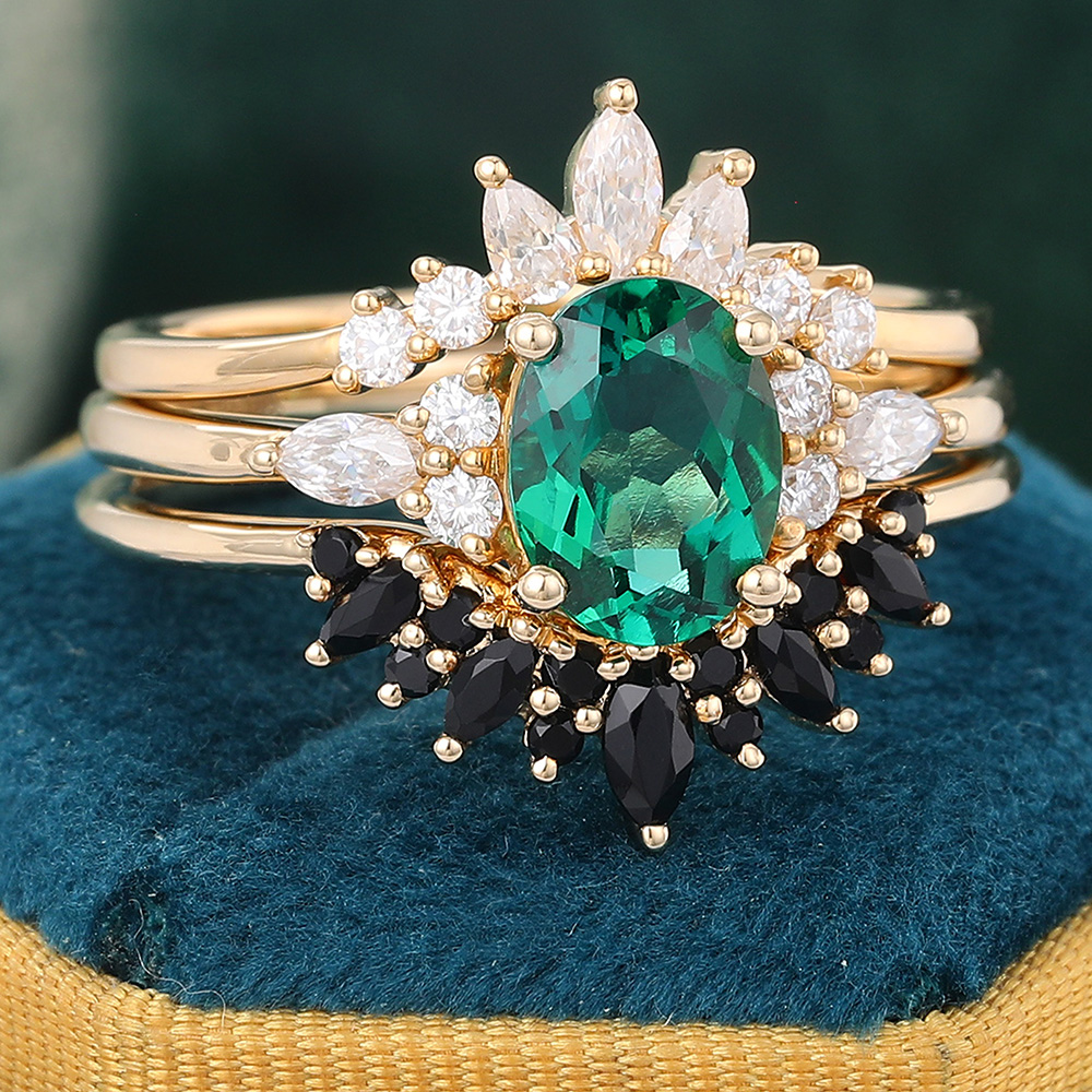 Juyoyo Emerald Wedding Ring Set Gold Vintage Diamond Ring Black Onyx Stack Wedding Band - 3pcs