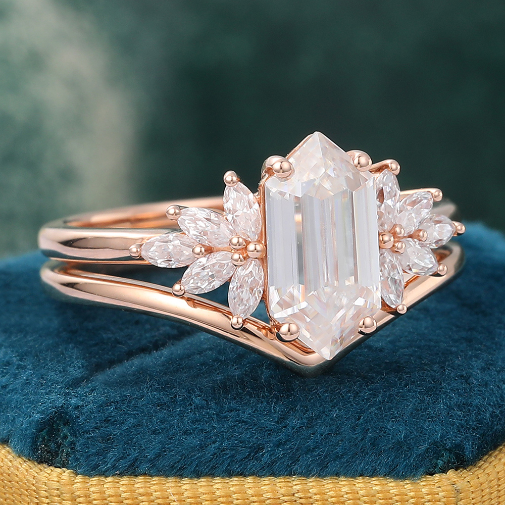 Juyoyo Long Hexagon Cut Moissanite Engagement Ring Set with Solid Band Rose Gold Bridal Set - 2pcs