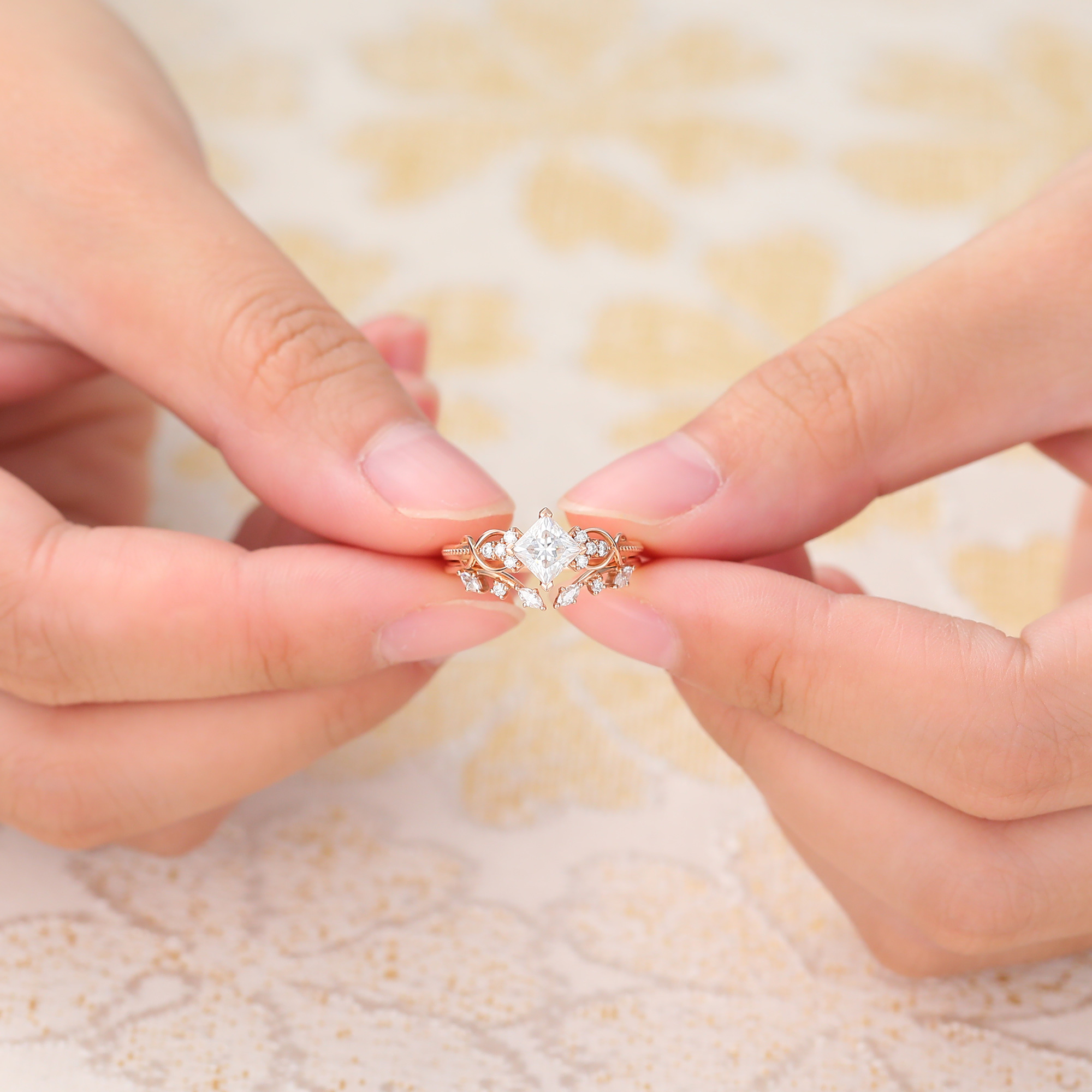 Juyoyo Princess Cut Moissanite Engagement Ring Set with Nature Inspired Engagement Ring Rose Gold