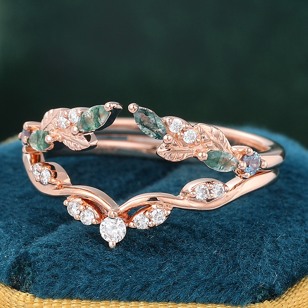 Juyoyo Unique Moss Agate & Moissanite & Alexandrite Double Curved Wedding Band Stacking Ring Rose Gold