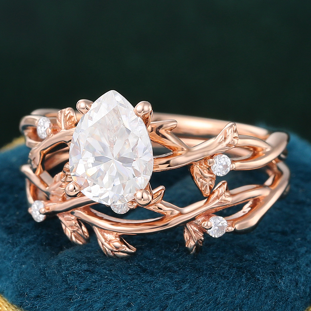 Juyoyo 14K Rose Gold Pear Shaped Moissanite Bridal Ring Set Nature Inspired Ring Set - 2pcs
