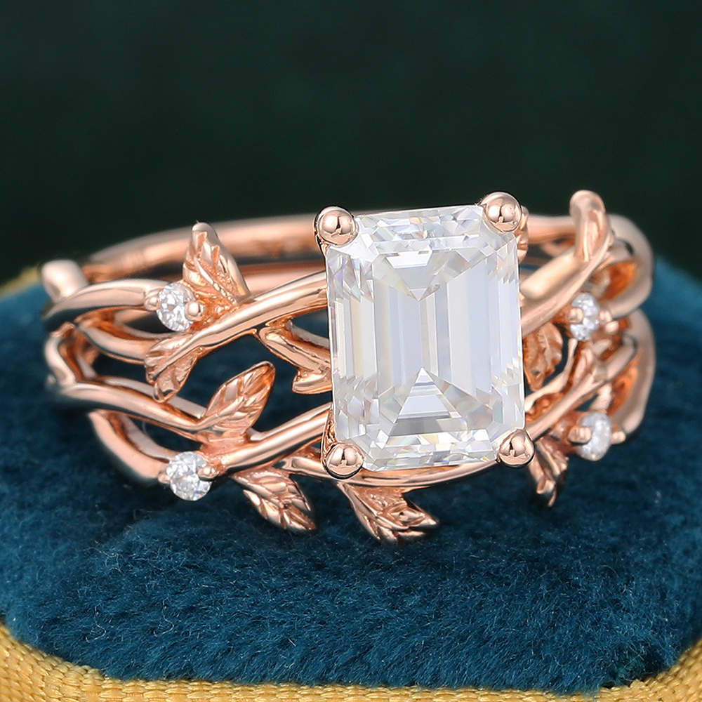 Juyoyo Emerald Cut Moissanite Engagement Ring Set Rose Gold Twig Nature Inspired Ring Set - 2pcs