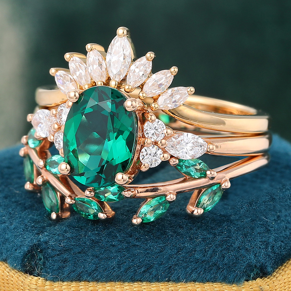 Juyoyo Vintage Emerald and Diamond Wedding Ring Set Nature Inspired Engagement Ring Set - 3pcs