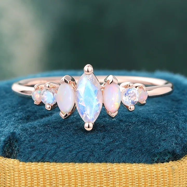 Juyoyo Dainty Marquise Cut Moonstone and Opal Decor Ring for Women
