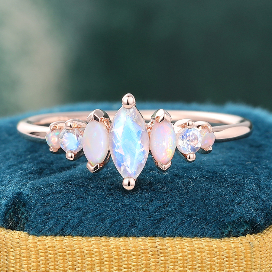 Juyoyo Dainty Marquise Cut Moonstone and Opal Decor Ring for Women