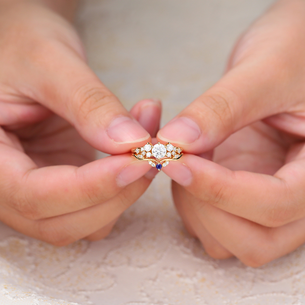 Juyoyo Vintage Moissanite Bridal Ring Set 14K Yellow Gold Sapphire Engagement Ring Set - 2pcs