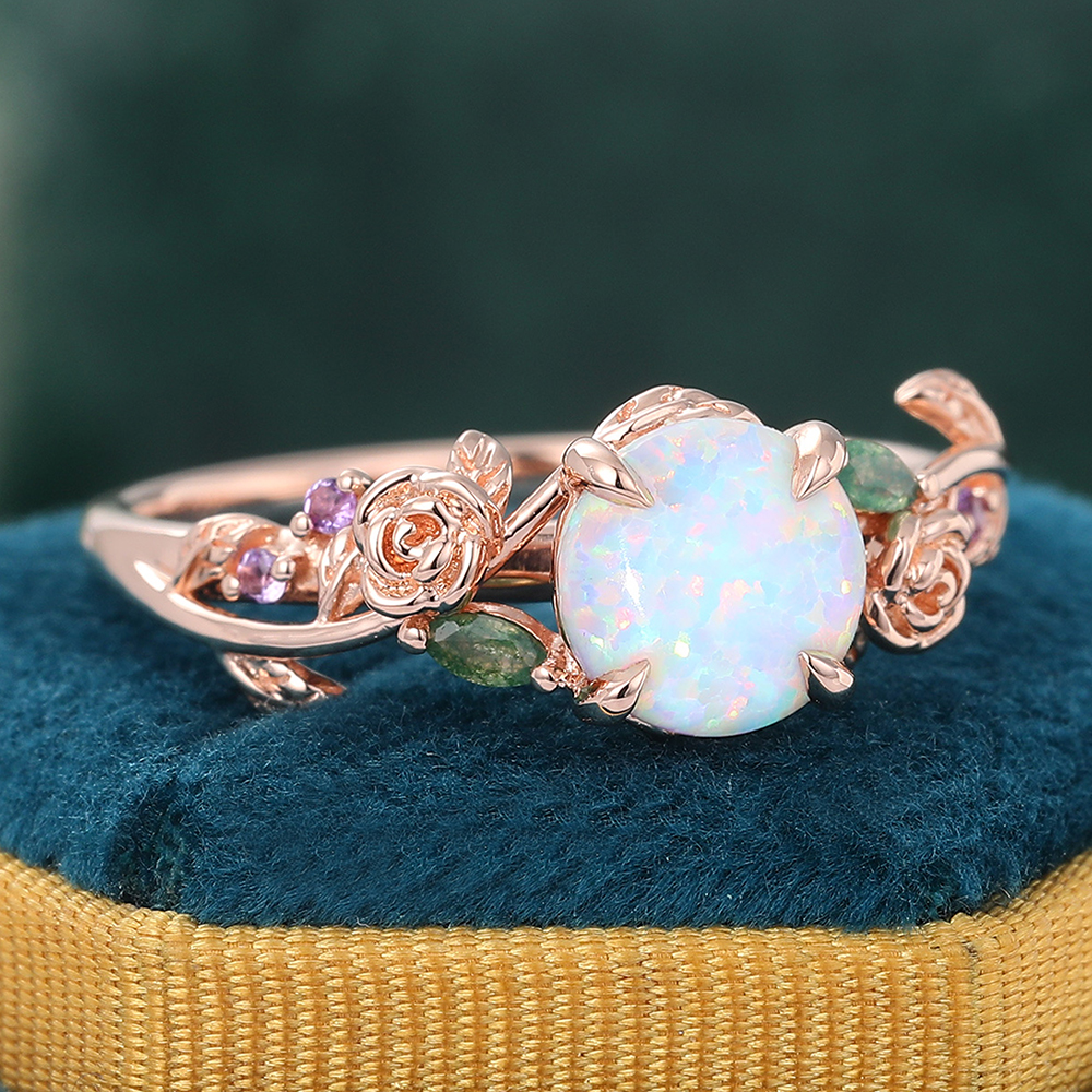 Juyoyo 14K Rose Gold Round Opal Engagement Ring Rose Leaf Nature Inspired Wedding Ring