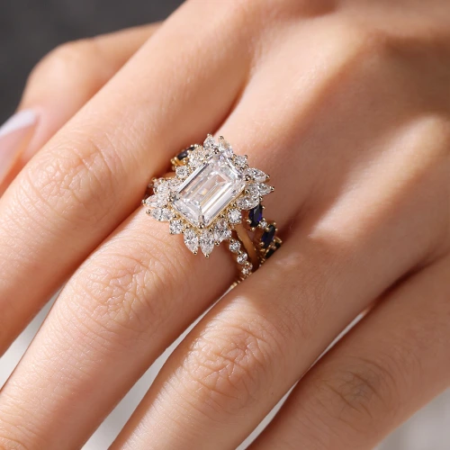 emerald cut moissanite halo ring