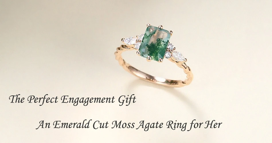 emerald cut moss agate engagement ring