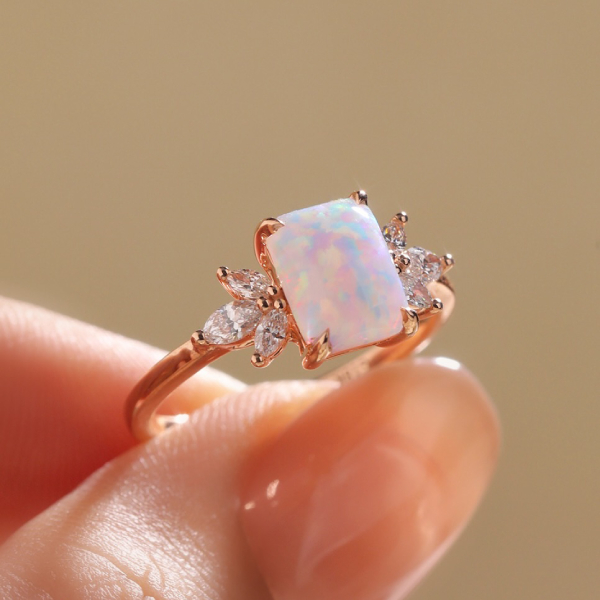 Emerald Cut Opal Engagement Ring Diamond Cluster Ring for Women Anniversary Gift