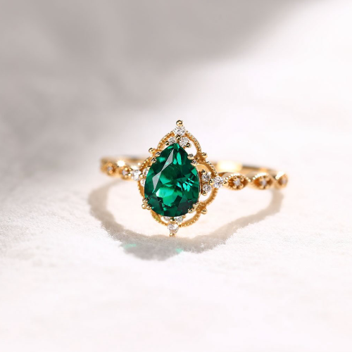 Filigree Halo Pear Shaped Emerald Engagement Ring Vintage Beaded Design