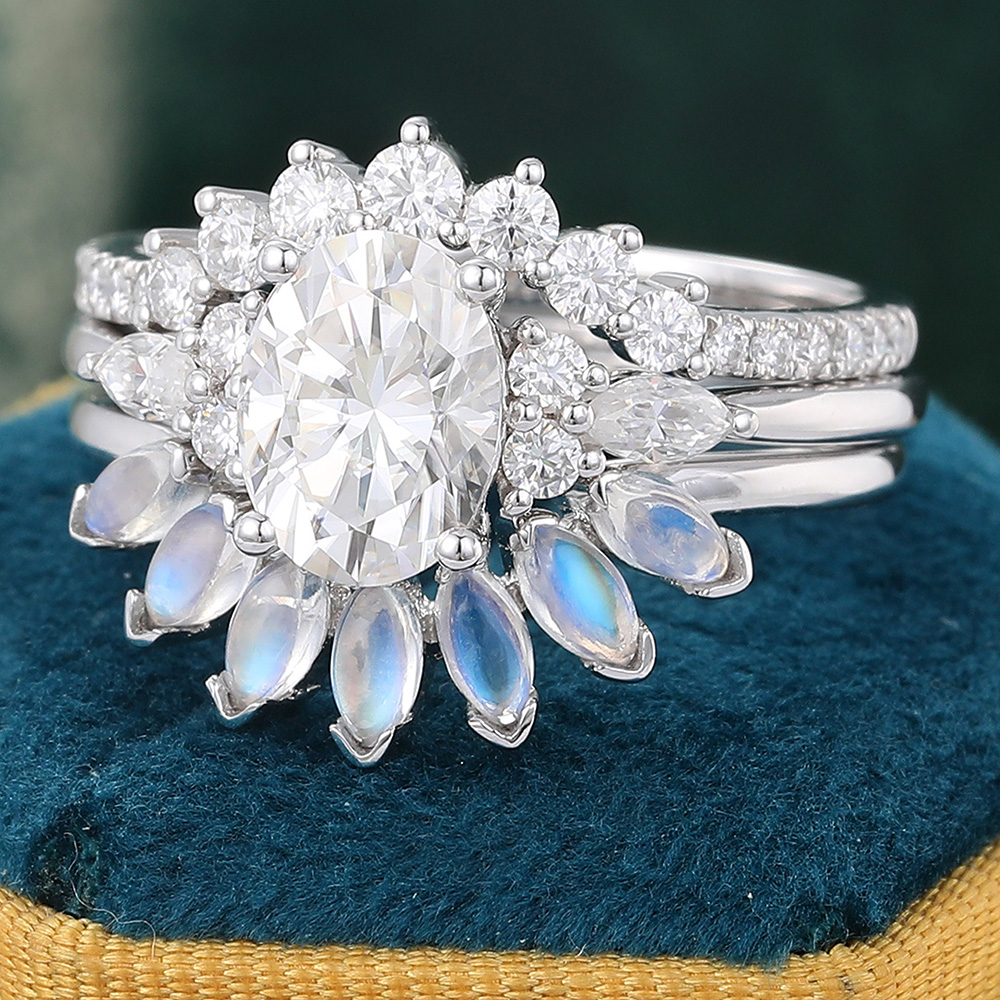 Juyoyo Oval Moissanite Bridal Ring Set White Gold Moonstone Engagement Ring Set - 3pcs