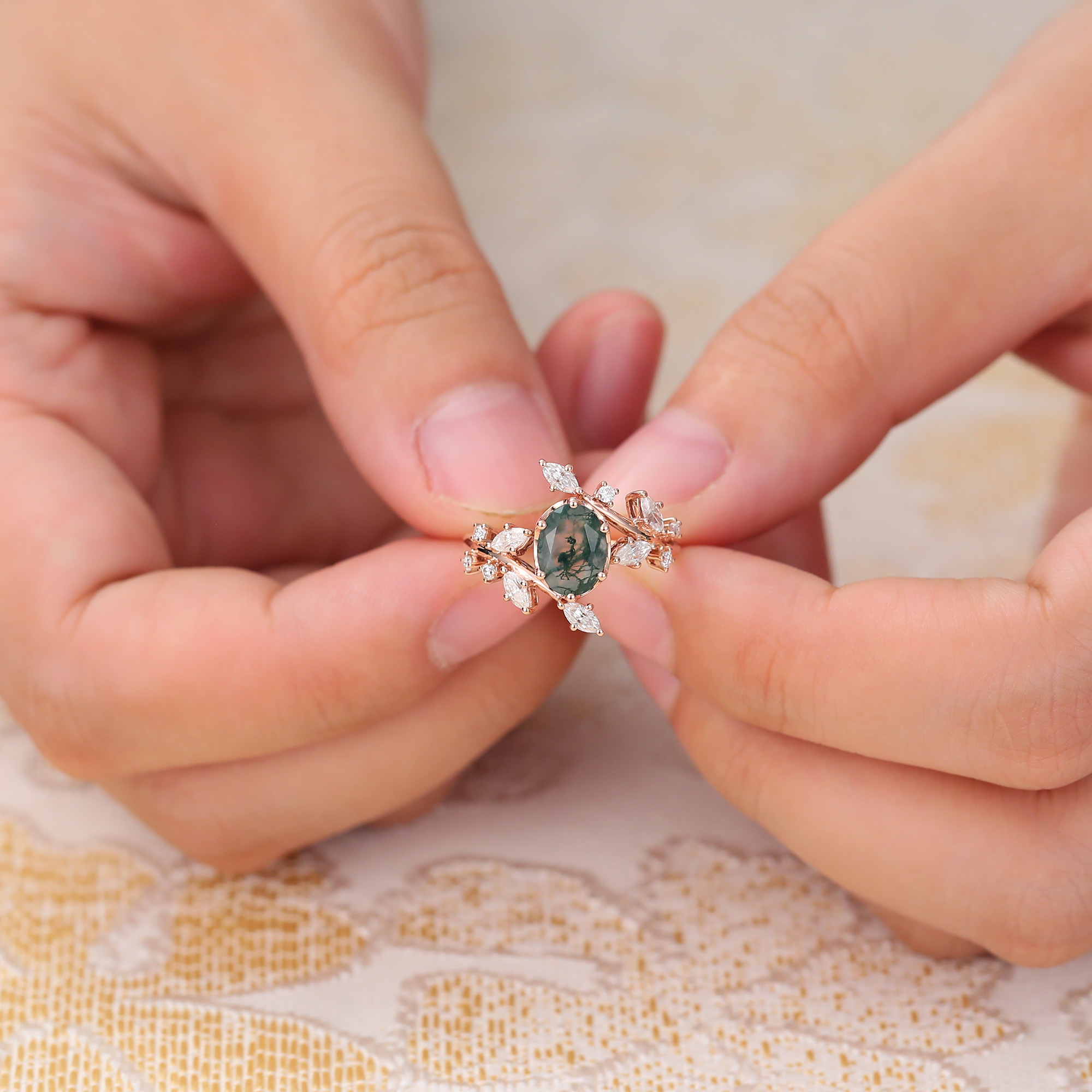 Oval Cut Moss Agate Engagement Ring Twig Inspired Promise Ring in Rose Gold