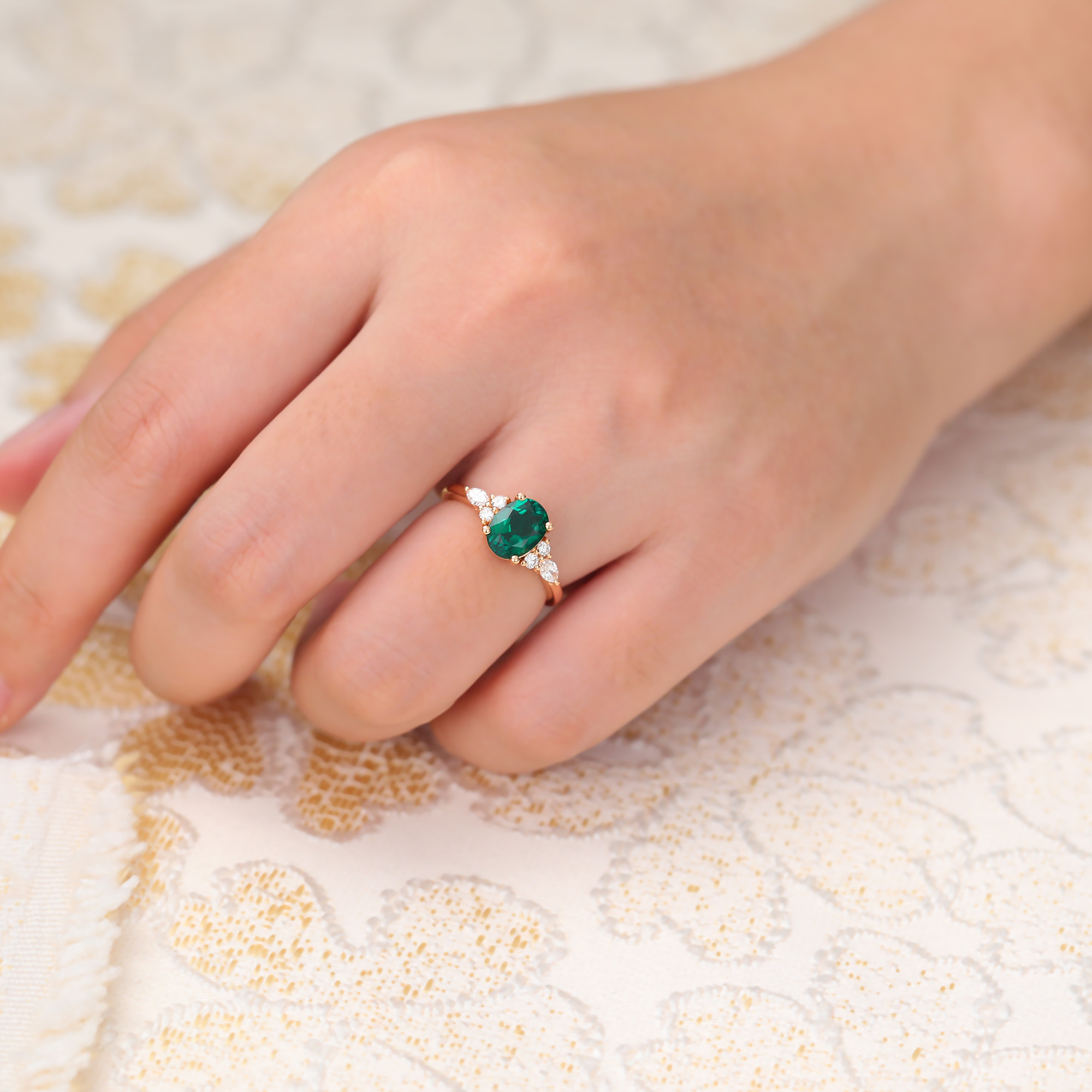 Juyoyo 14K Rose Gold Oval Lab Emerald Engagement Ring with Diamond Accents