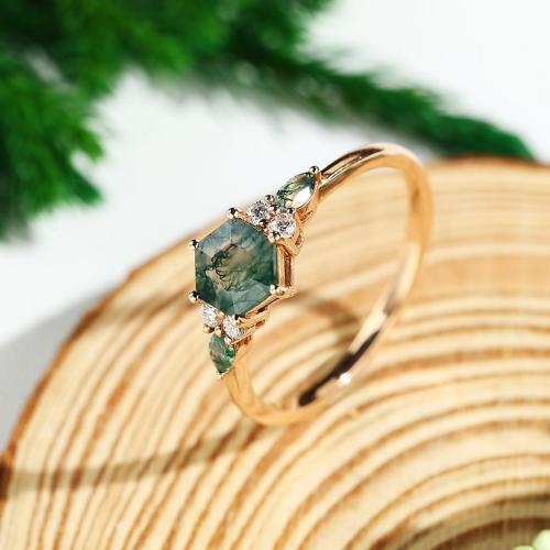 Hexagon Cut Moss Agate Ring Unique Engagement Ring in 14K Rose Gold