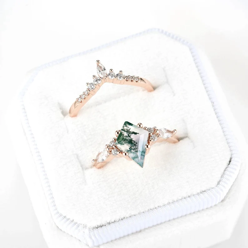 Moss Agate Engagement Ring Set