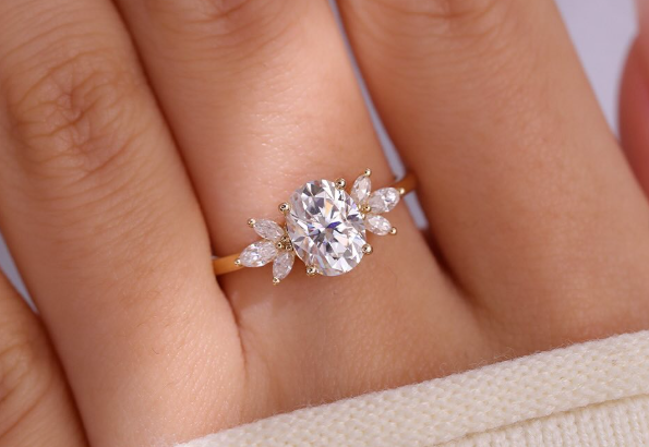 Rose Gold Oval Cut Moissanite Engagement Ring Diamond Accents Women's Bridal Ring