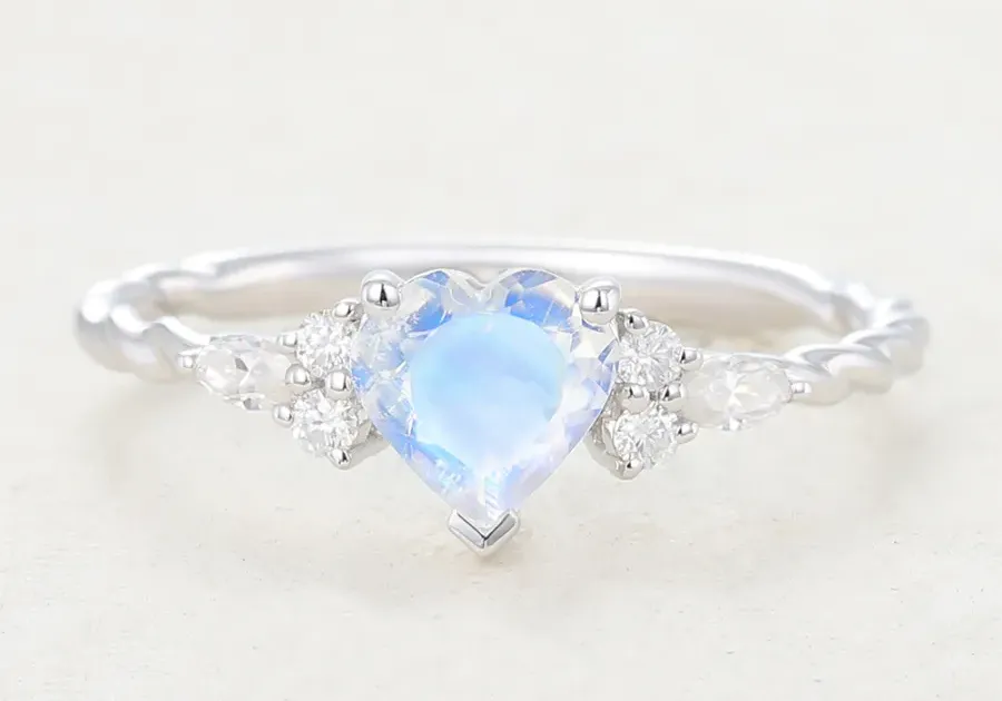 Heart Cut Rainbow Moonstone White Gold Twisted Engagement Ring