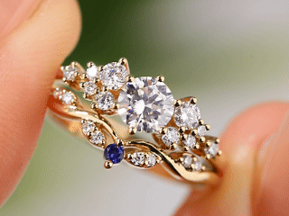 Vintage Moissanite Bridal Ring Set 14K Yellow Gold Sapphire Engagement Ring Set - 2pcs