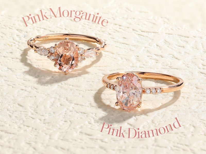 morganite engagement ring and pink diamond ring 