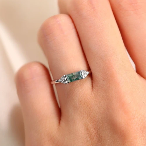 Minimalist Baguette Cut Moss Agate East-West Set Engagement Ring with Diamond Accents