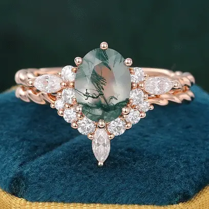 moss agate diamond wedding ring set