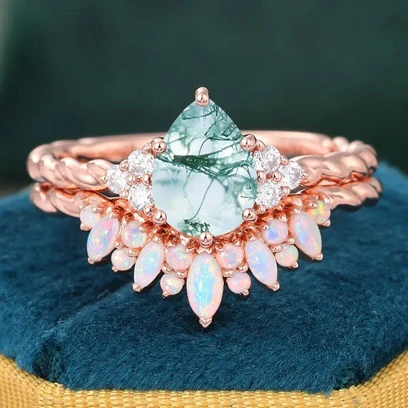 moss agate engagement ring opal wedding band