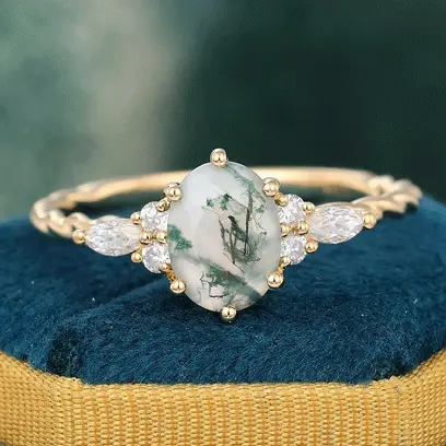 moss agate yellow gold engagement ring