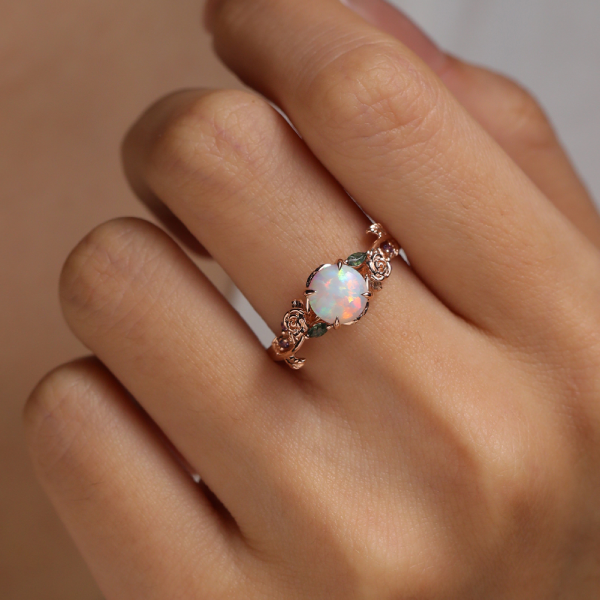 14K Rose Gold Round Opal Engagement Ring Rose Leaf Nature Inspired Wedding Ring