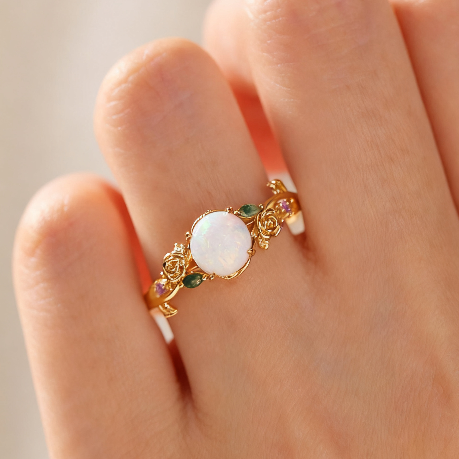 Yellow Gold Opal Nature Inspired Engagement Ring
