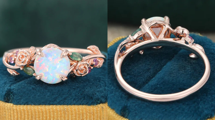 14K Rose Gold Round Opal Engagement Ring Rose Leaf Nature Inspired Wedding Ring
